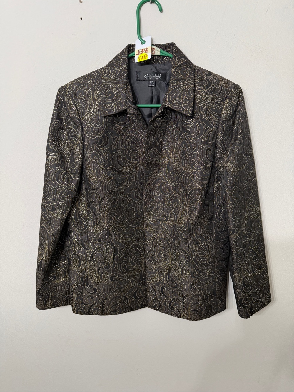 Kasper Women’s Jacquard Brocade Black & Gold Paisley Blazer Size 12P